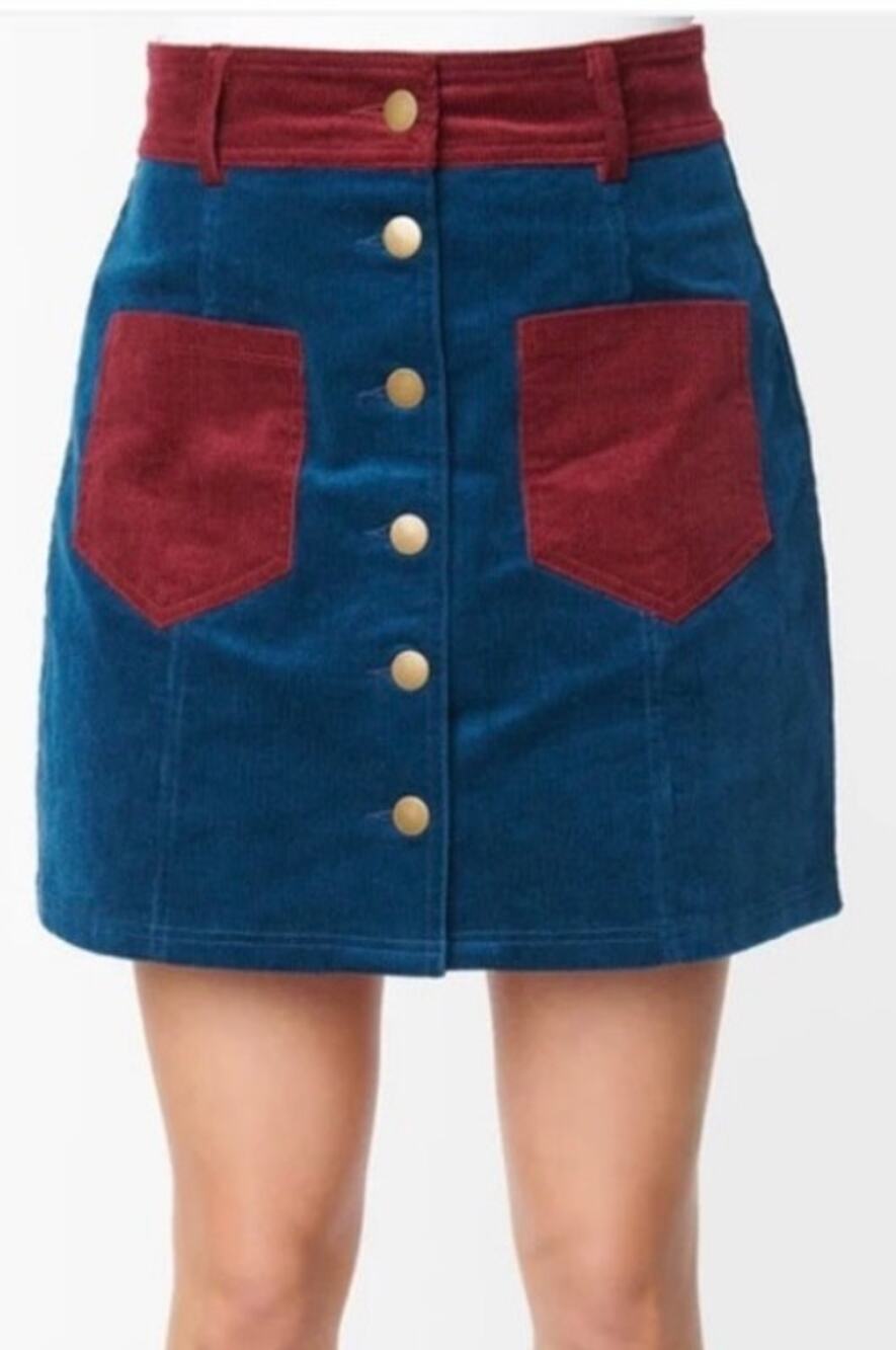 Unique Vintage Navy and Burgundy Corduroy Mini Skirt M NWOT